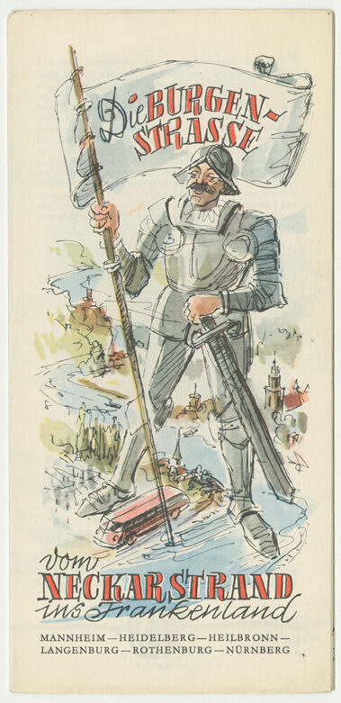 Ein gezeichneter Ritter steht über einem gezeichneten Fluss. Er hält eine Fahne in den rechten Hand auf der Die Burgenstrasse steht. Am rechten Fuß des Ritter fährt ein kleiner roter Bus vorbei.