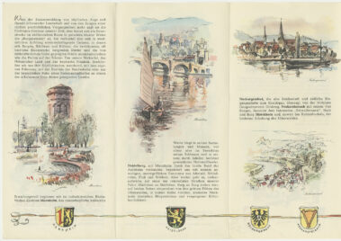 Sechs Zeichnungen zeigen Orte und Gebäude entlang des Neckars. Zwischen den Zeichnungen befindet sich Text. Am unteren Rand sind einige Stadtwappen abgebildet.