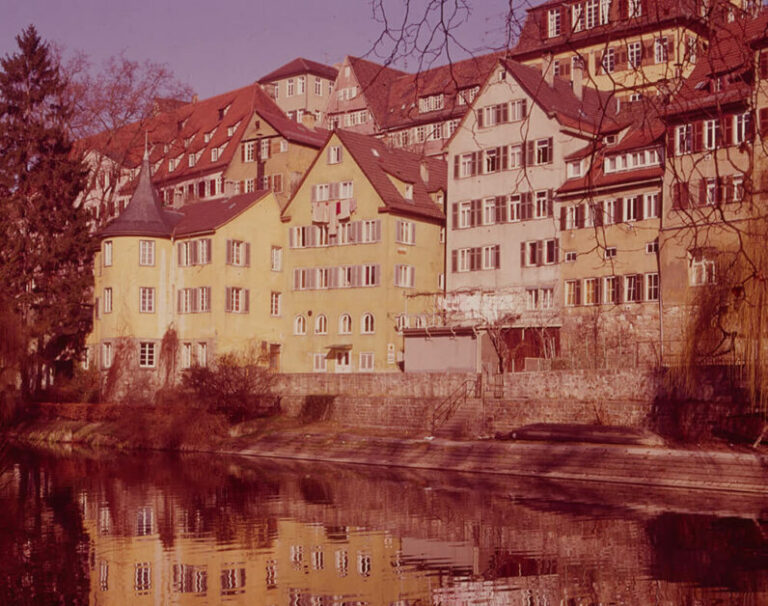 Blick auf eine Häuserzeile. Die Häuser spiegeln sich im Neckar. Das Haus am linken Bildrand hat einen kleinen runden Turm mit einem spitzen Dach.