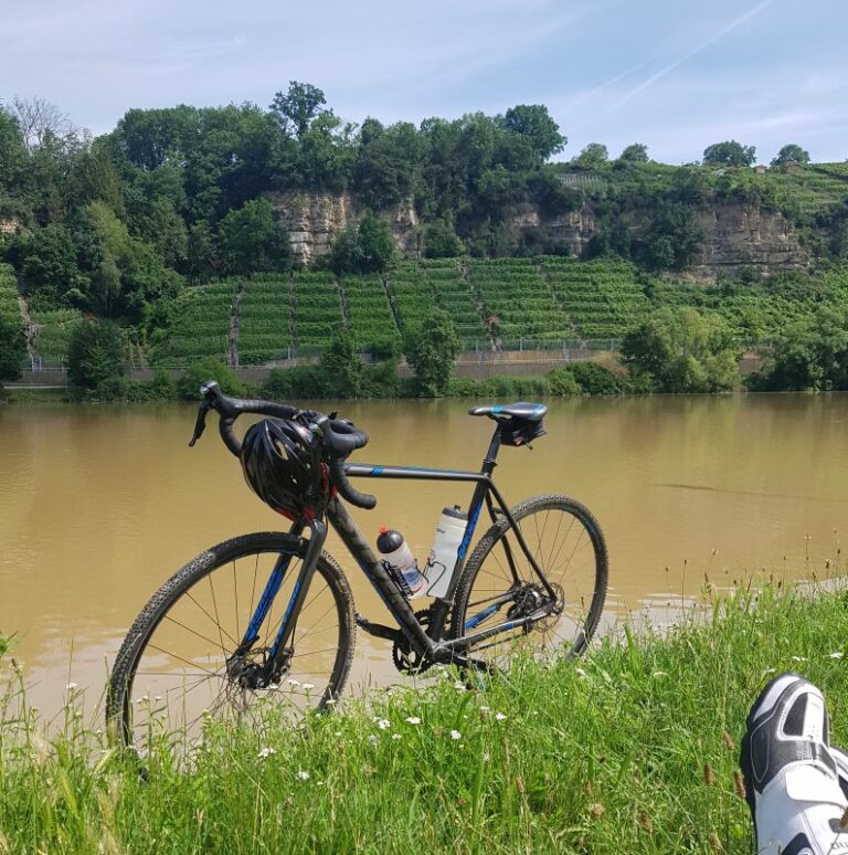 Rechts unten im Bild ist der Schuh des Fotografen zu sehen, wie er auf der Wiese sitzt. Unmittelbar vor ihm ist sein Fahrrad zu sehen, welches direkt am Flussufer zum Neckar steht.