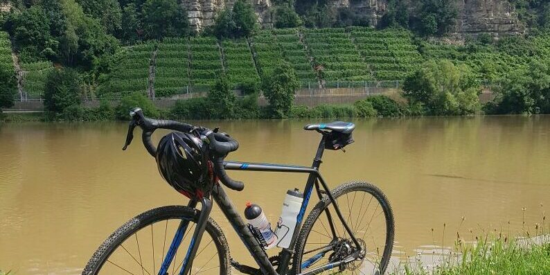 Rechts unten im Bild ist der Schuh des Fotografen zu sehen, wie er auf der Wiese sitzt. Unmittelbar vor ihm ist sein Fahrrad zu sehen, welches direkt am Flussufer zum Neckar steht.