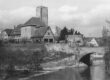 Rathausinsel Lauffen am Neckar in schwarz -weiß im Jahr 1941vom Neckar aus